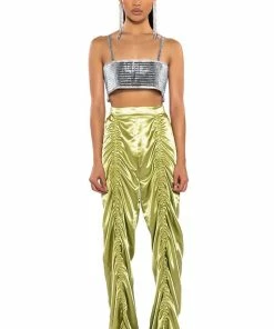 NEVER REGULAR CINCHED SATIN HIGH RISE PANTS -FINESSE-shop never regular cinched satin high rise pants green 4 4