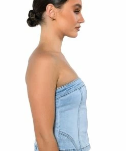NOT YOUR AVERAGE GIRL DENIM STRAPLESS TOP -FINESSE-shop not your average girl denim strapless top light blue 5 5
