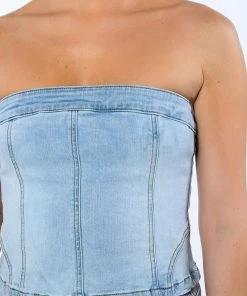 NOT YOUR AVERAGE GIRL DENIM STRAPLESS TOP -FINESSE-shop not your average girl denim strapless top light blue 7 7