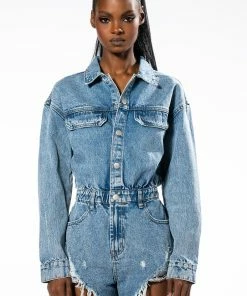 ON A ROLL DENIM LONG SLEEVE ROMPER -FINESSE-shop on a roll denim long sleeve romper medium blue denim 5 5