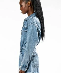 ON A ROLL DENIM LONG SLEEVE ROMPER -FINESSE-shop on a roll denim long sleeve romper medium blue denim 6 6