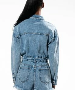 ON A ROLL DENIM LONG SLEEVE ROMPER -FINESSE-shop on a roll denim long sleeve romper medium blue denim 7 7