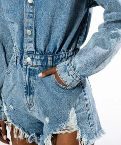 ON A ROLL DENIM LONG SLEEVE ROMPER -FINESSE-shop on a roll denim long sleeve romper medium blue denim 8 8