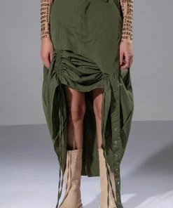 ON THE GO CINCHED OLIVE MIDI SKIRT