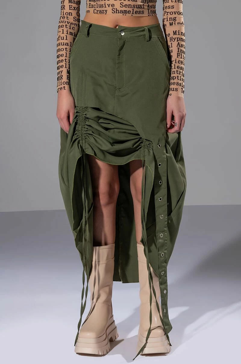 ON THE GO CINCHED OLIVE MIDI SKIRT 1 ON THE GO CINCHED OLIVE MIDI SKIRT