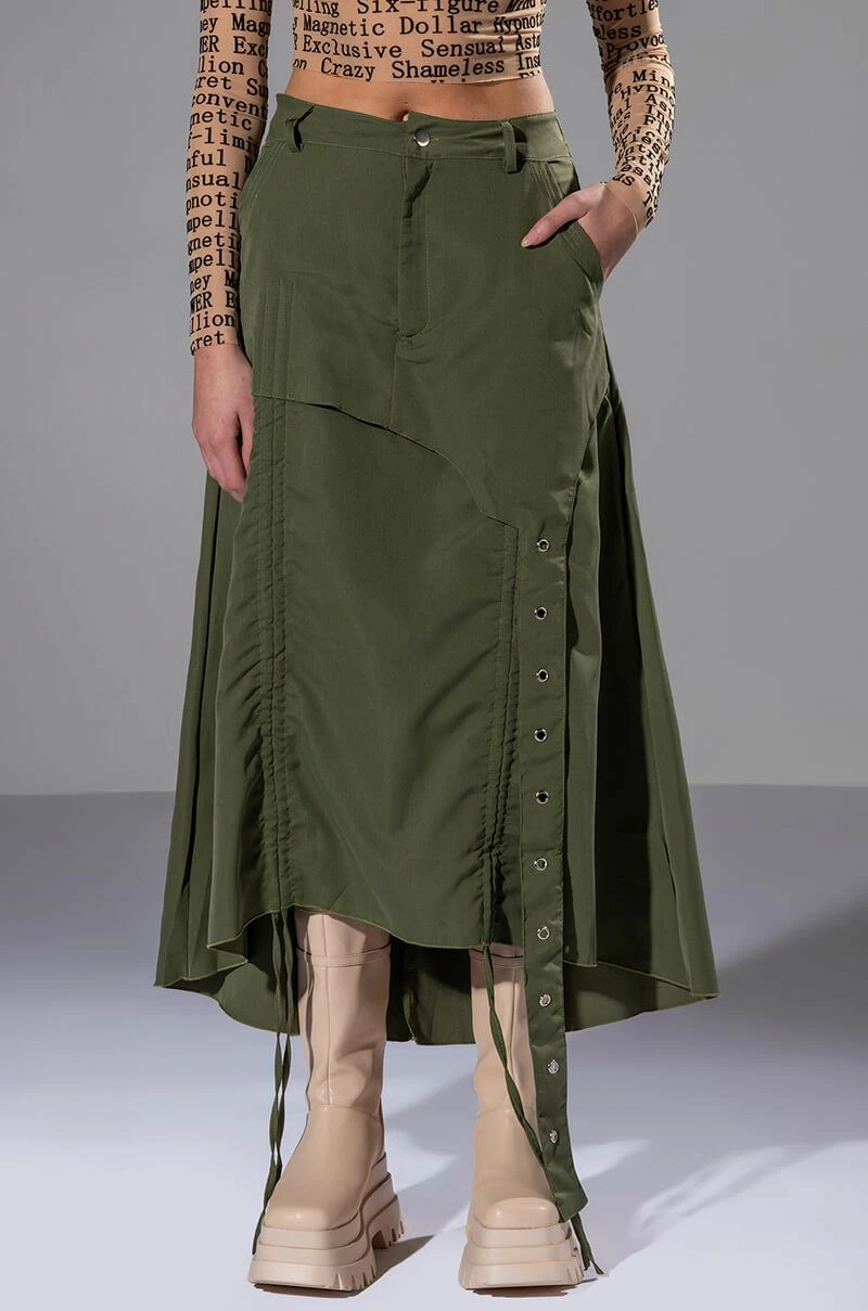 ON THE GO CINCHED OLIVE MIDI SKIRT 2 ON THE GO CINCHED OLIVE MIDI SKIRT - Image 2
