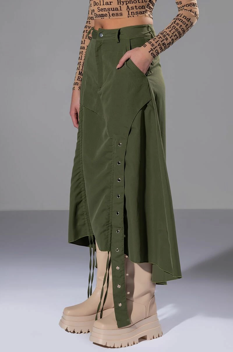 ON THE GO CINCHED OLIVE MIDI SKIRT 3 ON THE GO CINCHED OLIVE MIDI SKIRT - Image 3