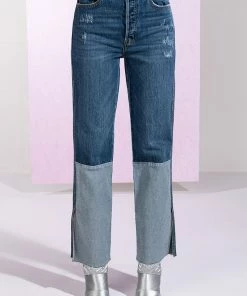 ON THE ROAD AGAIN HIGH RISE STRAIGHT LEG PATCHWORK JEANS -FINESSE-shop on the road again high rise straight leg patchwork jeans medium blue denim 5 5