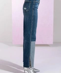 ON THE ROAD AGAIN HIGH RISE STRAIGHT LEG PATCHWORK JEANS -FINESSE-shop on the road again high rise straight leg patchwork jeans medium blue denim 6 6