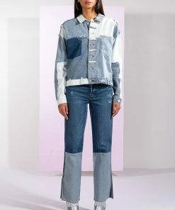 ON THE ROAD AGAIN HIGH RISE STRAIGHT LEG PATCHWORK JEANS -FINESSE-shop on the road again high rise straight leg patchwork jeans medium blue denim 9 9