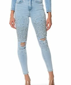 OUTTA THIS WORLD DISTRESSED RHINESTONE HIGH RISE SKINNY JEANS