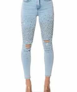 OUTTA THIS WORLD DISTRESSED RHINESTONE HIGH RISE SKINNY JEANS -FINESSE-shop outta this world distressed rhinestone high rise skinny jeans light blue denim 5 5 c1