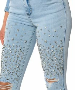 OUTTA THIS WORLD DISTRESSED RHINESTONE HIGH RISE SKINNY JEANS -FINESSE-shop outta this world distressed rhinestone high rise skinny jeans light blue denim 8 8 c1