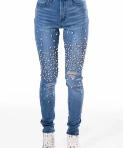 OUTTA THIS WORLD DISTRESSED RHINESTONE HIGH RISE SKINNY JEANS -FINESSE-shop outta this world distressed rhinestone high rise skinny jeans medium blue denim 3 3 c1