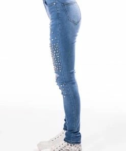 OUTTA THIS WORLD DISTRESSED RHINESTONE HIGH RISE SKINNY JEANS -FINESSE-shop outta this world distressed rhinestone high rise skinny jeans medium blue denim 4 4 c1