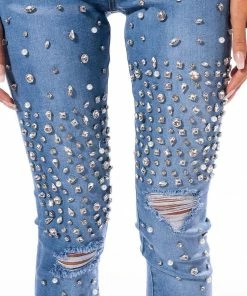 OUTTA THIS WORLD DISTRESSED RHINESTONE HIGH RISE SKINNY JEANS -FINESSE-shop outta this world distressed rhinestone high rise skinny jeans medium blue denim 6 6 c1