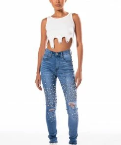 OUTTA THIS WORLD DISTRESSED RHINESTONE HIGH RISE SKINNY JEANS -FINESSE-shop outta this world distressed rhinestone high rise skinny jeans medium blue denim 7 7