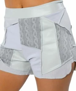 PATCHWORK SHADES OF GREY FAUX LEATHER SHORTS -FINESSE-shop patchwork shades of grey faux leather shorts grey multi 7 7