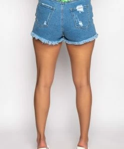 PEEKABOO LEAF PRINT HIGH RISE DISTRESSED JEAN SHORTS -FINESSE-shop peekaboo leaf print high rise distressed jean shorts medium blue denim 7 7