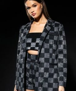 POP STAR CHECKERED RHINESTONE SHORT -FINESSE-shop pop star checkered rhinestone short black white 2 2 c1