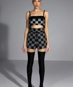 POP STAR CHECKERED RHINESTONE SHORT