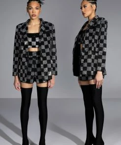 POP STAR CHECKERED RHINESTONE SHORT -FINESSE-shop pop star checkered rhinestone short black white 6 6