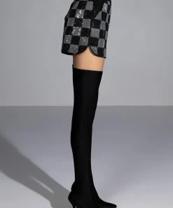 POP STAR CHECKERED RHINESTONE SHORT -FINESSE-shop pop star checkered rhinestone short black white 8 8