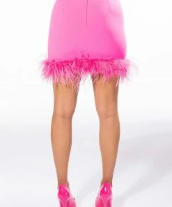RAISE YOUR GLASS FEATHER TRIM MINI SKIRT -FINESSE-shop raise your glass feather trim mini skirt pink 9 9