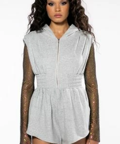 RIDE OR DIE RHINESTONE SLEEVE HOODED ROMPER -FINESSE-shop ride or die rhinestone sleeve hooded romper grey 4 4