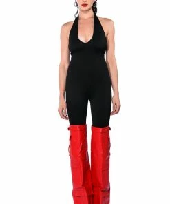 SHES SLEEK DOUBLE LAYER HALTER CATSUIT -FINESSE-shop shes sleek double layer halter catsuit black 10 10