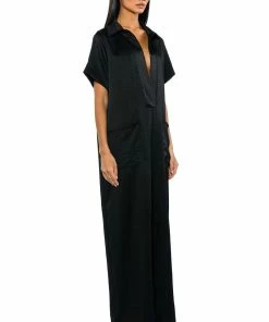 SILENT DREAMER SHORT SLEEVE SATIN JUMPSUIT -FINESSE-shop silent dreamer short sleeve satin jumpsuit black 4 4