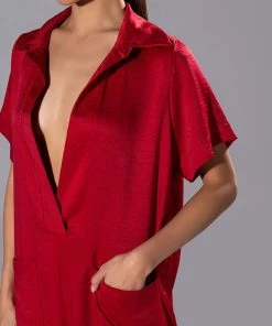 SILENT DREAMER SHORT SLEEVE SATIN JUMPSUIT 9 SILENT DREAMER SHORT SLEEVE SATIN JUMPSUIT -FINESSE-shop silent dreamer short sleeve satin jumpsuit red 5 5