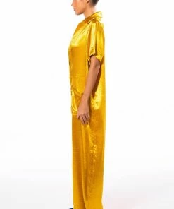 SILENT DREAMER SHORT SLEEVE SATIN JUMPSUIT -FINESSE-shop silent dreamer short sleeve satin jumpsuit yellow 4 4