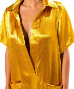 SILENT DREAMER SHORT SLEEVE SATIN JUMPSUIT -FINESSE-shop silent dreamer short sleeve satin jumpsuit yellow 6 6