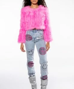 SMILEY FACES RHINESTONE HIGH RISE STRAIGHT LEG JEANS -FINESSE-shop smiley faces rhinestone high rise straight leg jeans light blue denim 10 10