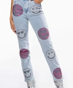 SMILEY FACES RHINESTONE HIGH RISE STRAIGHT LEG JEANS
