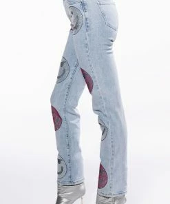SMILEY FACES RHINESTONE HIGH RISE STRAIGHT LEG JEANS -FINESSE-shop smiley faces rhinestone high rise straight leg jeans light blue denim 6 6