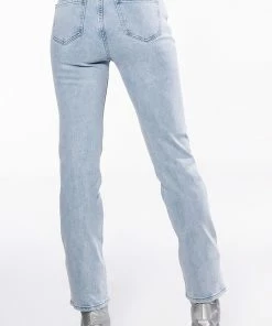 SMILEY FACES RHINESTONE HIGH RISE STRAIGHT LEG JEANS -FINESSE-shop smiley faces rhinestone high rise straight leg jeans light blue denim 7 7