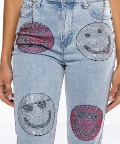 SMILEY FACES RHINESTONE HIGH RISE STRAIGHT LEG JEANS -FINESSE-shop smiley faces rhinestone high rise straight leg jeans light blue denim 8 8