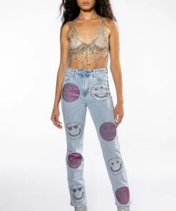SMILEY FACES RHINESTONE HIGH RISE STRAIGHT LEG JEANS -FINESSE-shop smiley faces rhinestone high rise straight leg jeans light blue denim 9 9