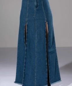 SO SLAYING DOUBLE SLIT DENIM MAXI SKIRT 13 SO SLAYING DOUBLE SLIT DENIM MAXI SKIRT -FINESSE-shop so slaying double slit denim maxi skirt medium blue denim 5 5