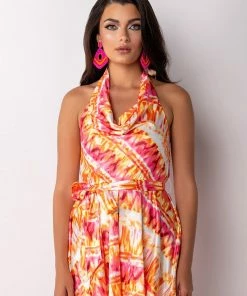 SUMMER TIME FINE COWL NECK HALTER TOP ROMPER -FINESSE-shop summer time fine cowl neck halter top romper pink multi 3 3