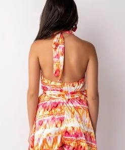 SUMMER TIME FINE COWL NECK HALTER TOP ROMPER -FINESSE-shop summer time fine cowl neck halter top romper pink multi 5 5