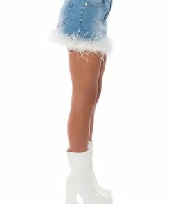 SWEETHEART FEATHER DETAIL DENIM MINI SKIRT -FINESSE-shop sweetheart feather detail denim mini skirt medium blue denim 7 7