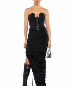 TALK ABOUT IT RUCHED MAXI SKIRT -FINESSE-shop talk about it ruched maxi skirt black 3 3