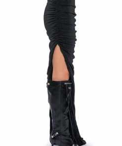 TALK ABOUT IT RUCHED MAXI SKIRT -FINESSE-shop talk about it ruched maxi skirt black 6 6