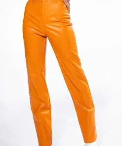 TE QUIERO HIGH RISE VEGAN LEATHER STRAIGHT LEG PANTS IN ORANGE