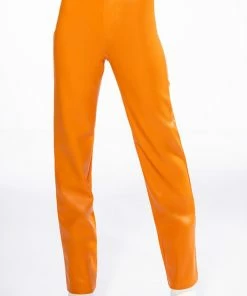 TE QUIERO HIGH RISE VEGAN LEATHER STRAIGHT LEG PANTS IN ORANGE -FINESSE-shop te quiero high rise vegan leather straight leg pants in orange orange 5 5