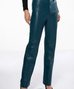 TE QUIERO HIGH RISE VEGAN LEATHER STRAIGHT LEG PANTS IN TEAL