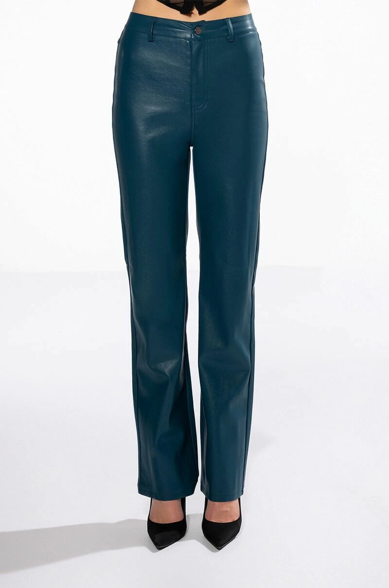 TE QUIERO HIGH RISE VEGAN LEATHER STRAIGHT LEG PANTS IN TEAL 3 TE QUIERO HIGH RISE VEGAN LEATHER STRAIGHT LEG PANTS IN TEAL - Image 3